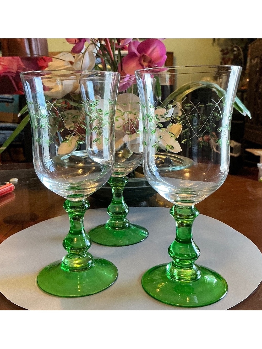 3 Crystal w/ Green Glass Stem Water or Wine Glasses w/Etched Green Leaves